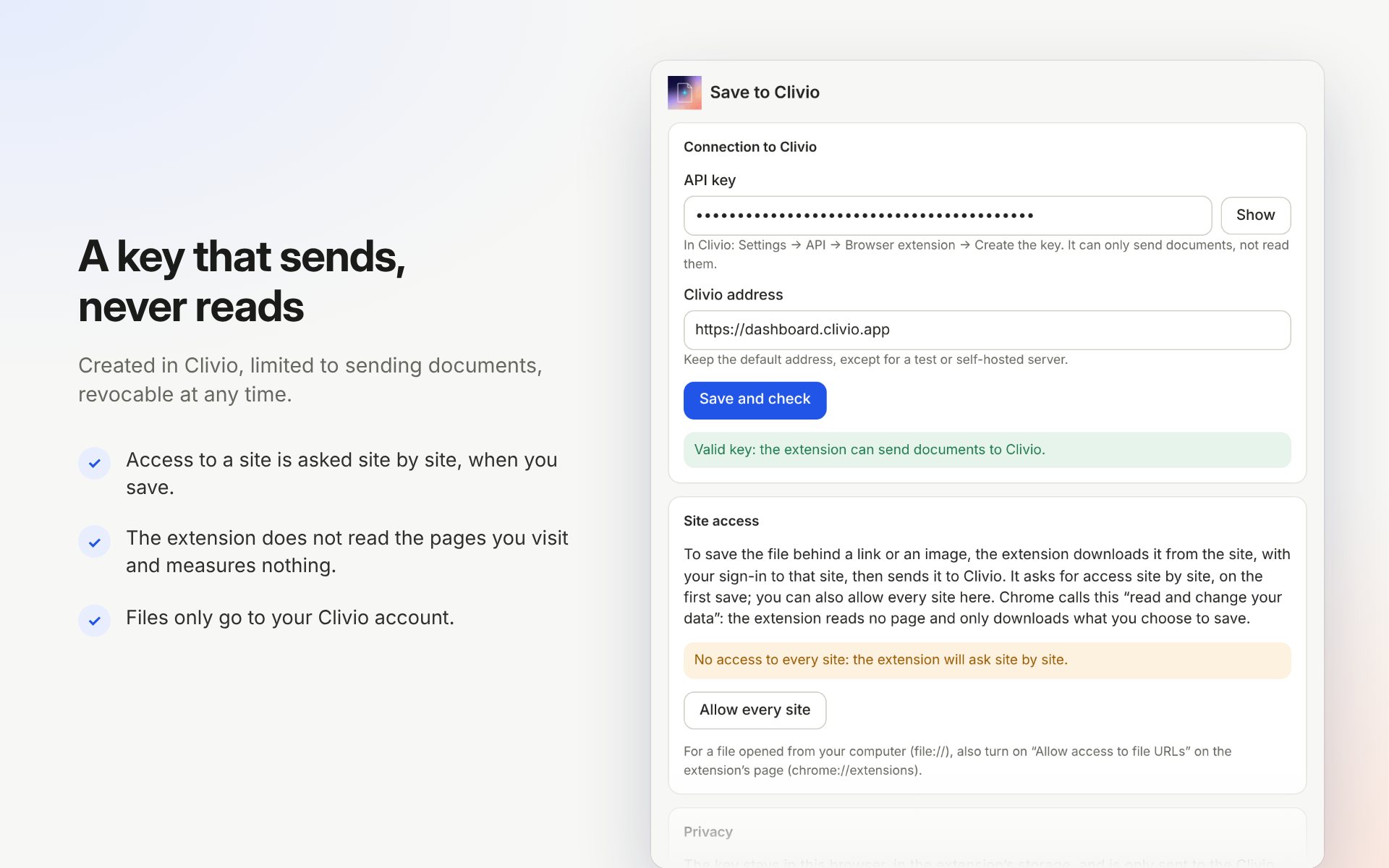 The extension options: the API key, the Clivio address, a valid-key notice, and site access asked one site at a time.