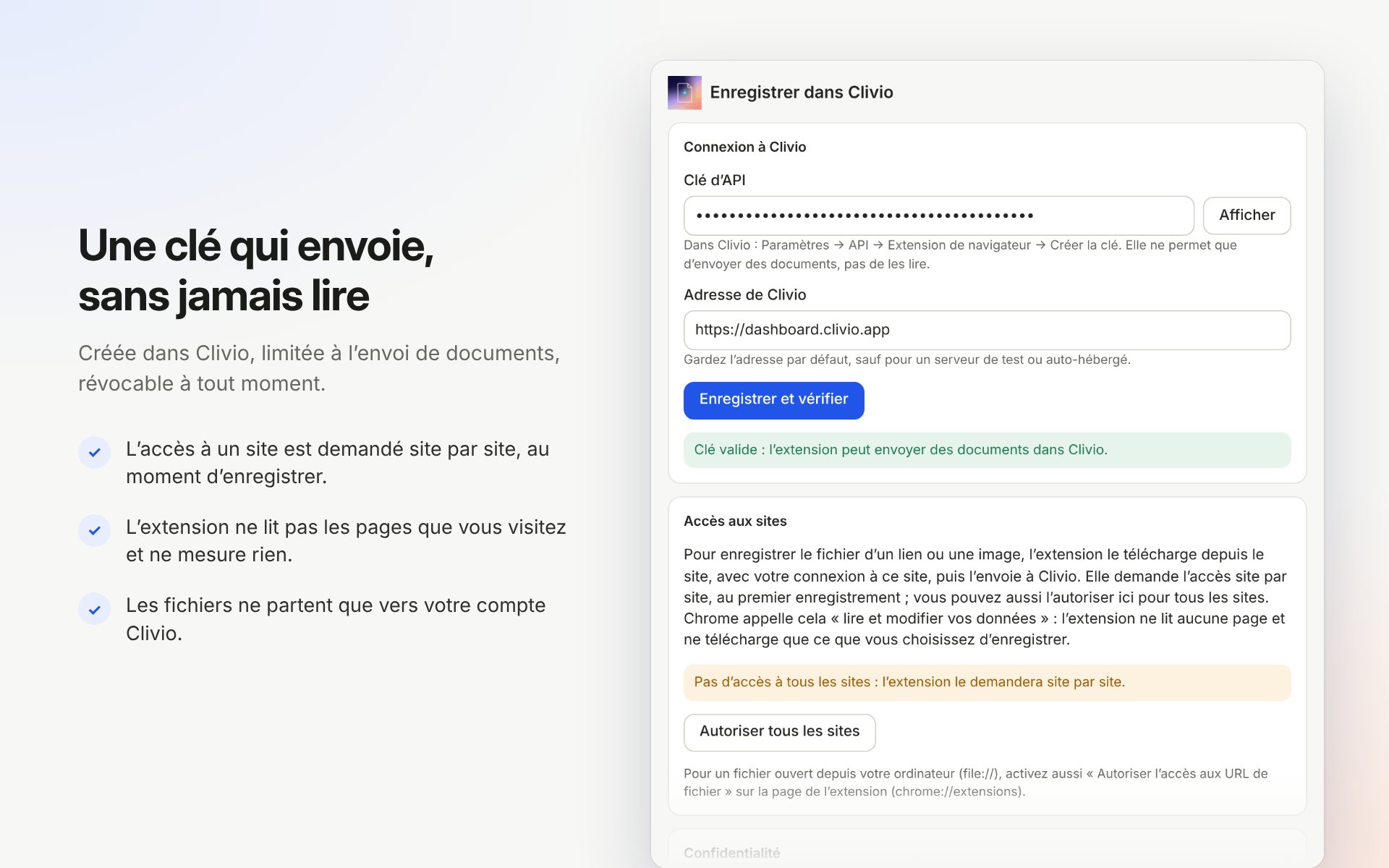 Les options de l’extension : la clé d’API, l’adresse de Clivio, le message de clé valide, et l’accès aux sites demandé site par site.