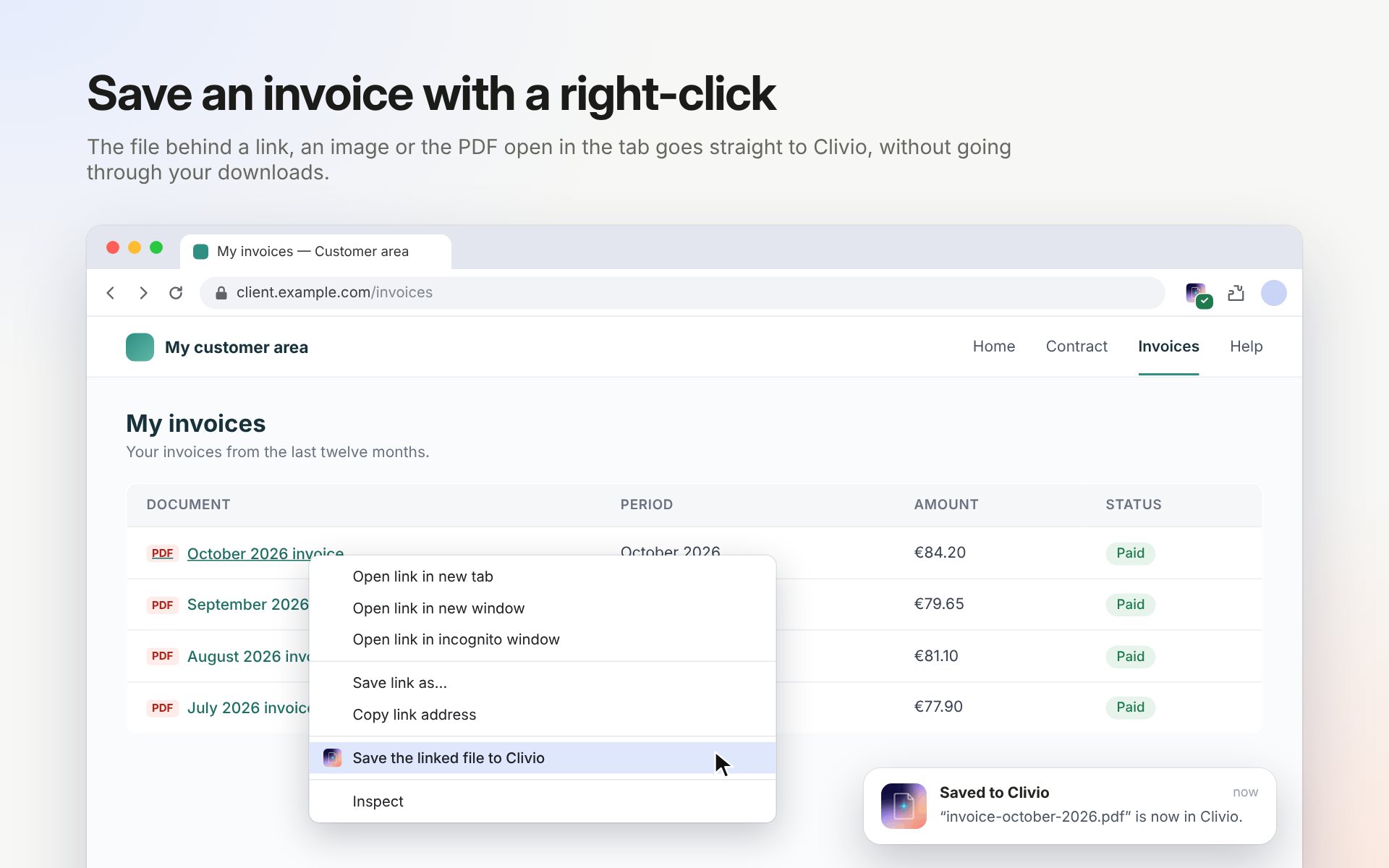 A customer area listing invoices, with the right-click menu open on the first one and “Save the linked file to Clivio” highlighted, and a notification saying the file is now in Clivio.