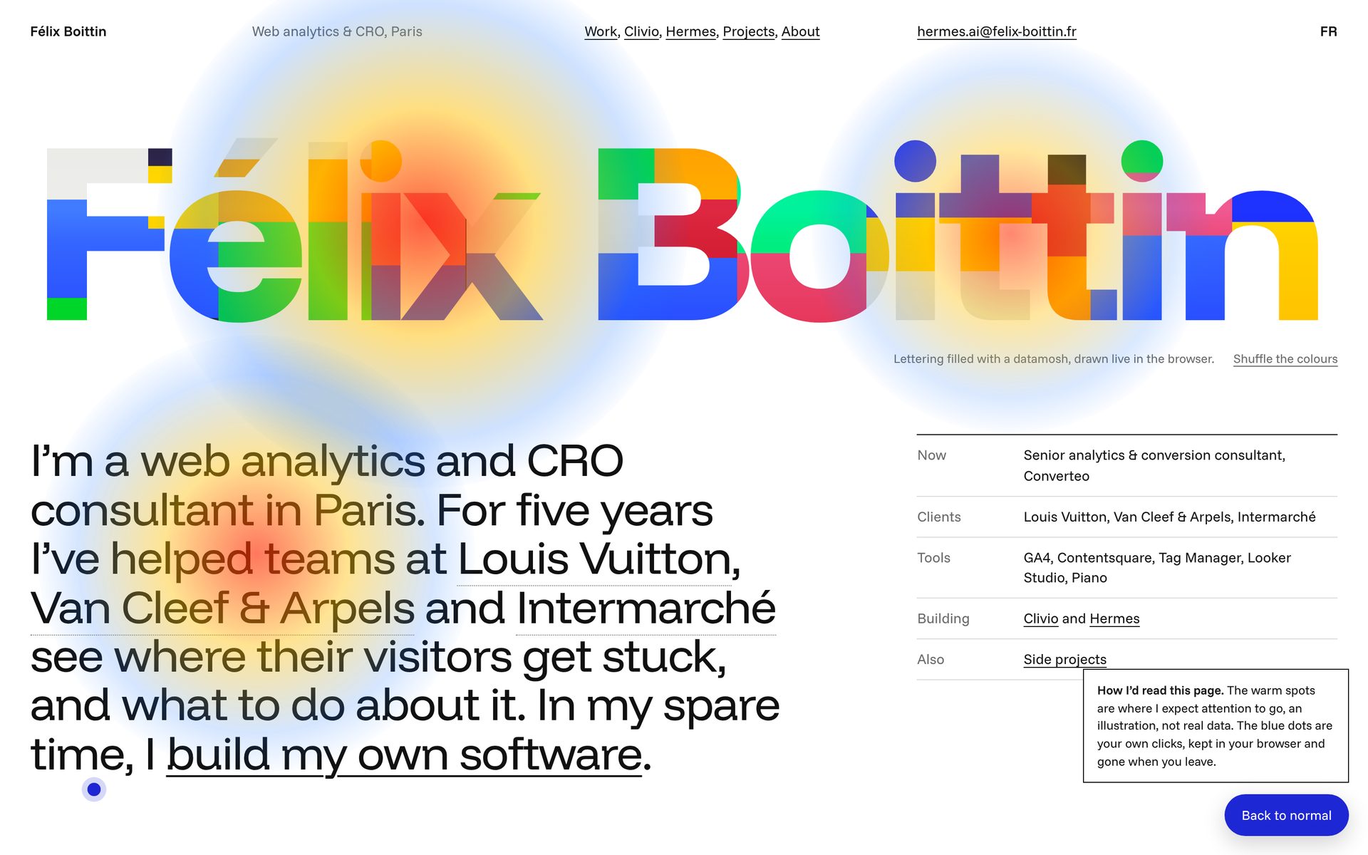 The top of this portfolio with the attention map switched on: warm spots over the name and the introduction