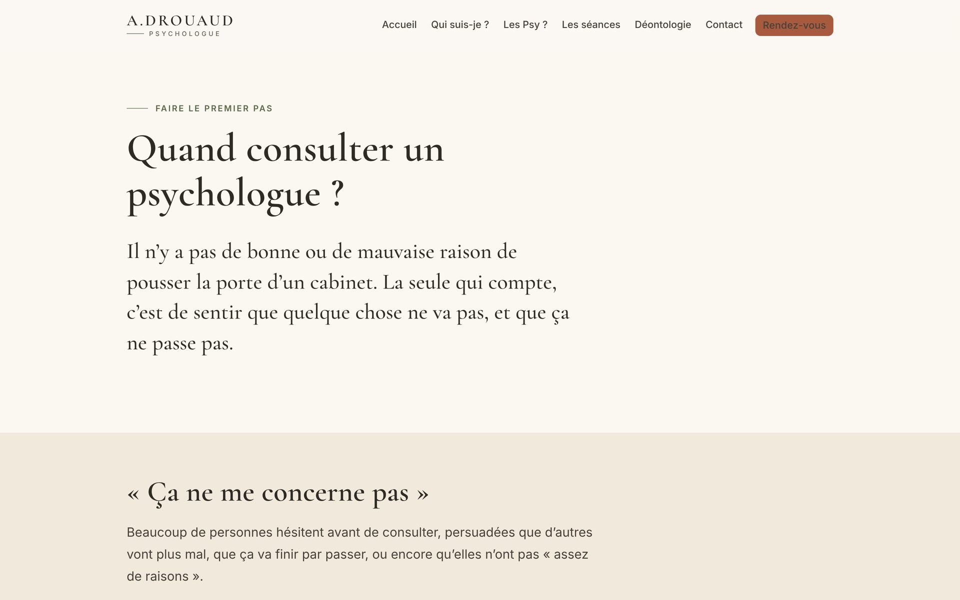 La page « Quand consulter un psychologue ? » d’amelie-drouaud-psychologue.fr, en caractères à empattements sur fond blanc cassé