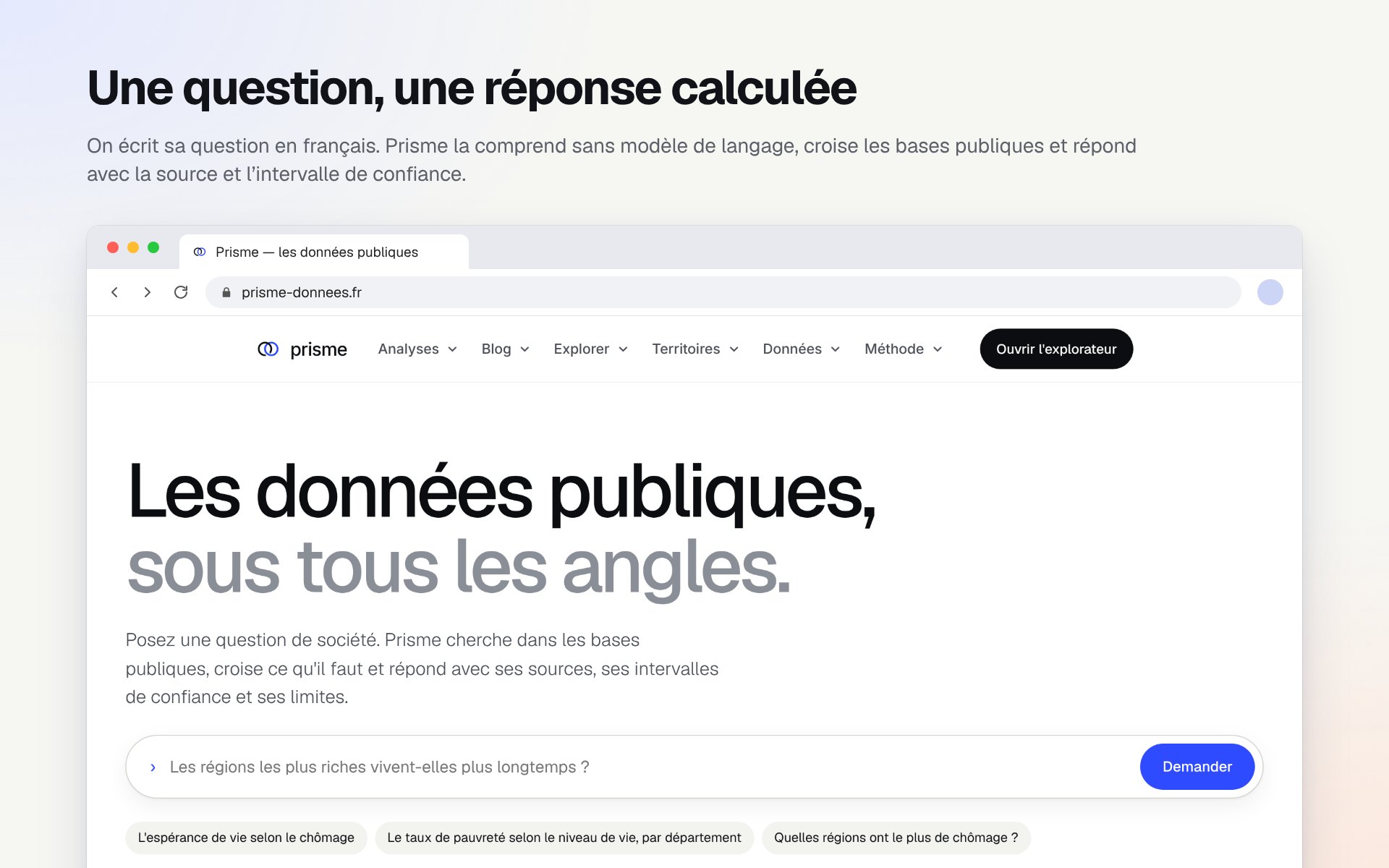 L’accueil de Prisme : le titre « Les données publiques, sous tous les angles », un champ de question et trois exemples