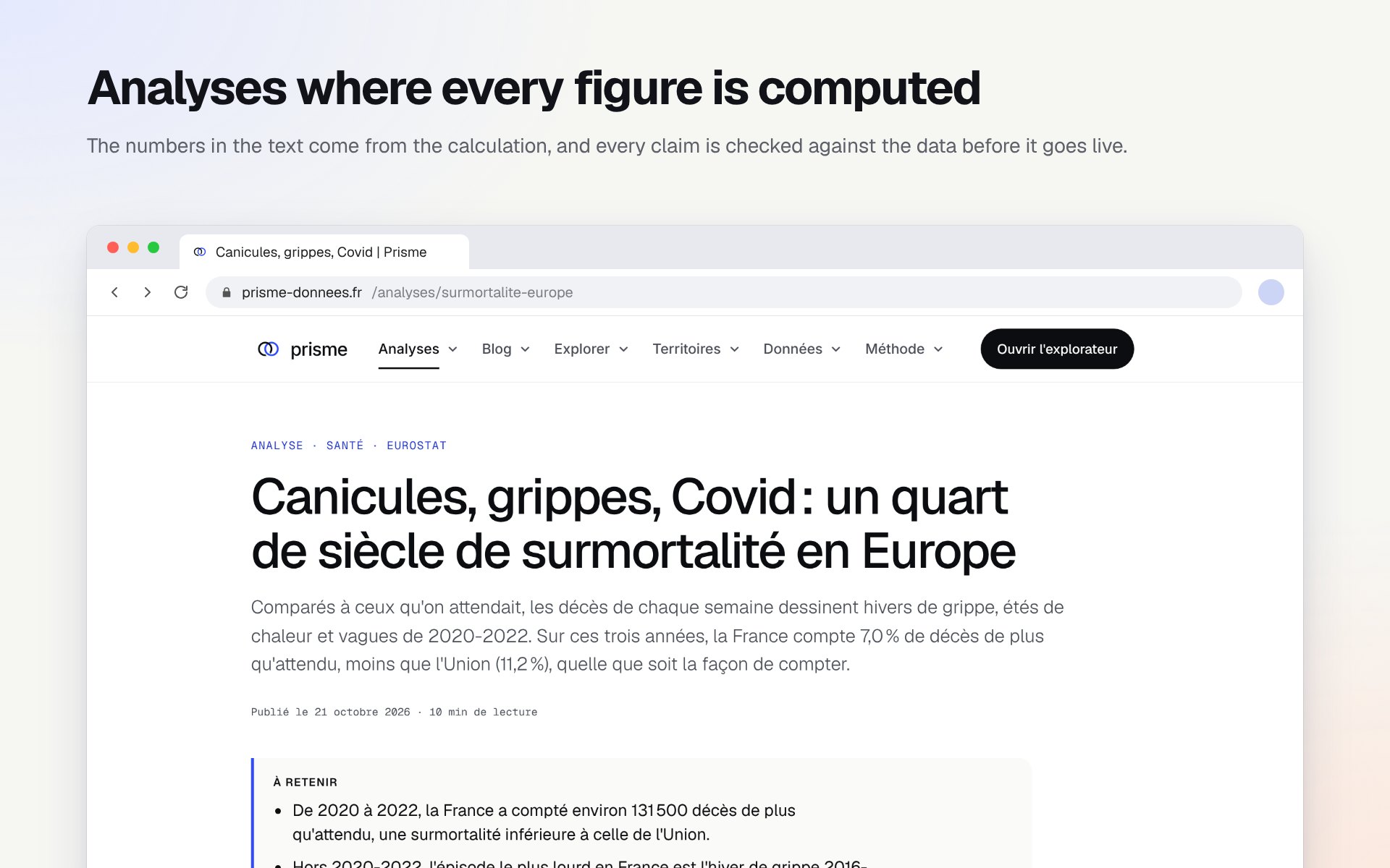 An analysis page on excess mortality in Europe, with its title, summary and a “key points” box