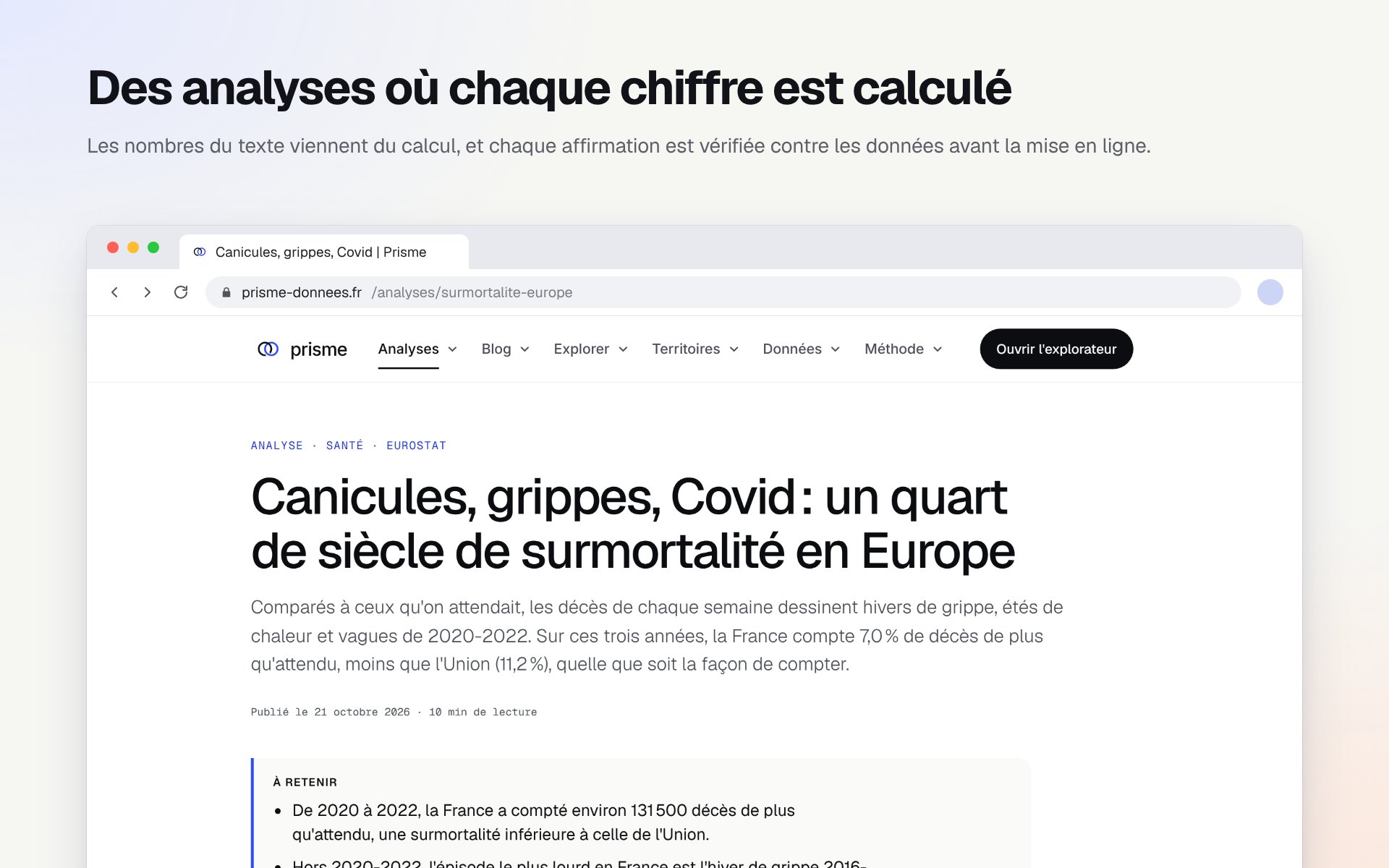 Une analyse sur la surmortalité en Europe, avec son titre, son chapô et un encadré « À retenir »