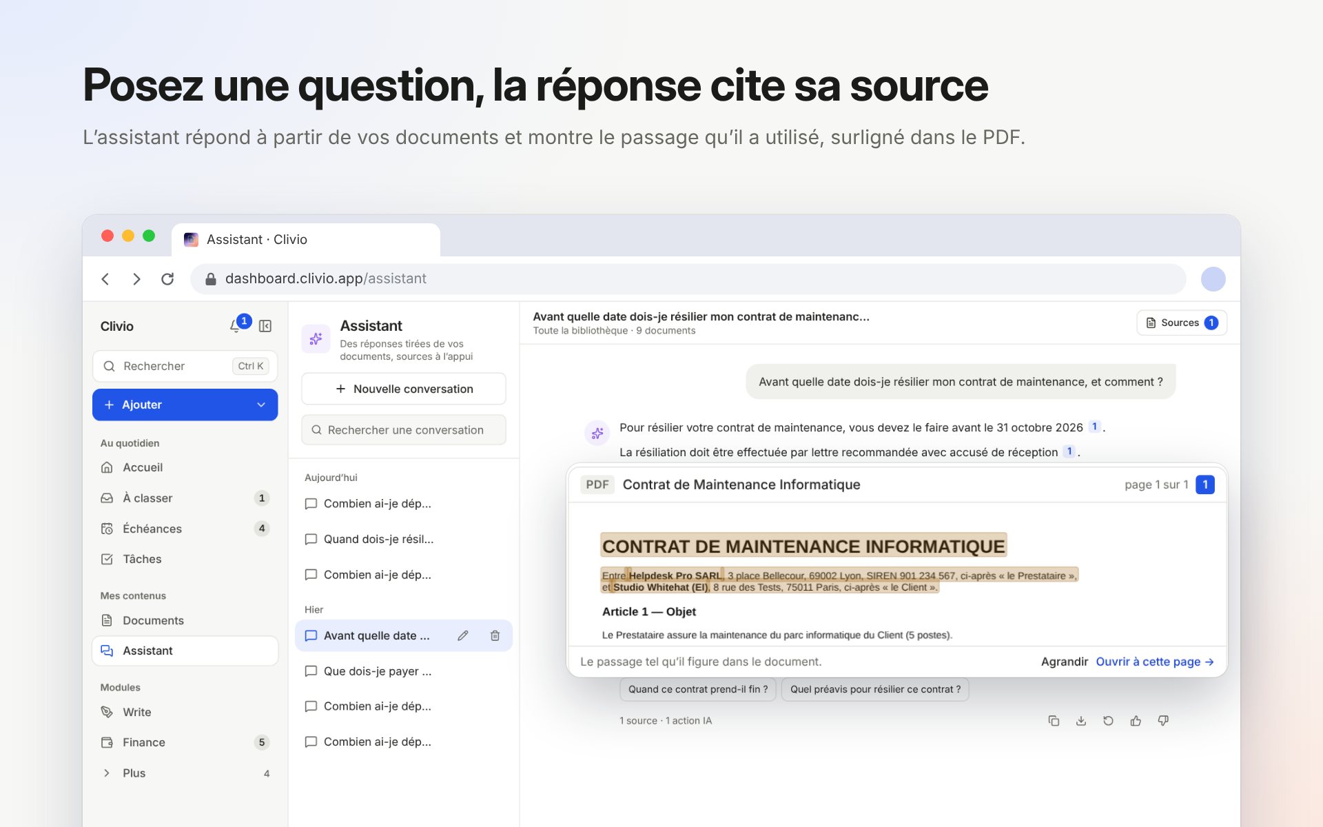 L’assistant de Clivio qui dit quand résilier un contrat de maintenance, avec le passage utilisé surligné dans le PDF