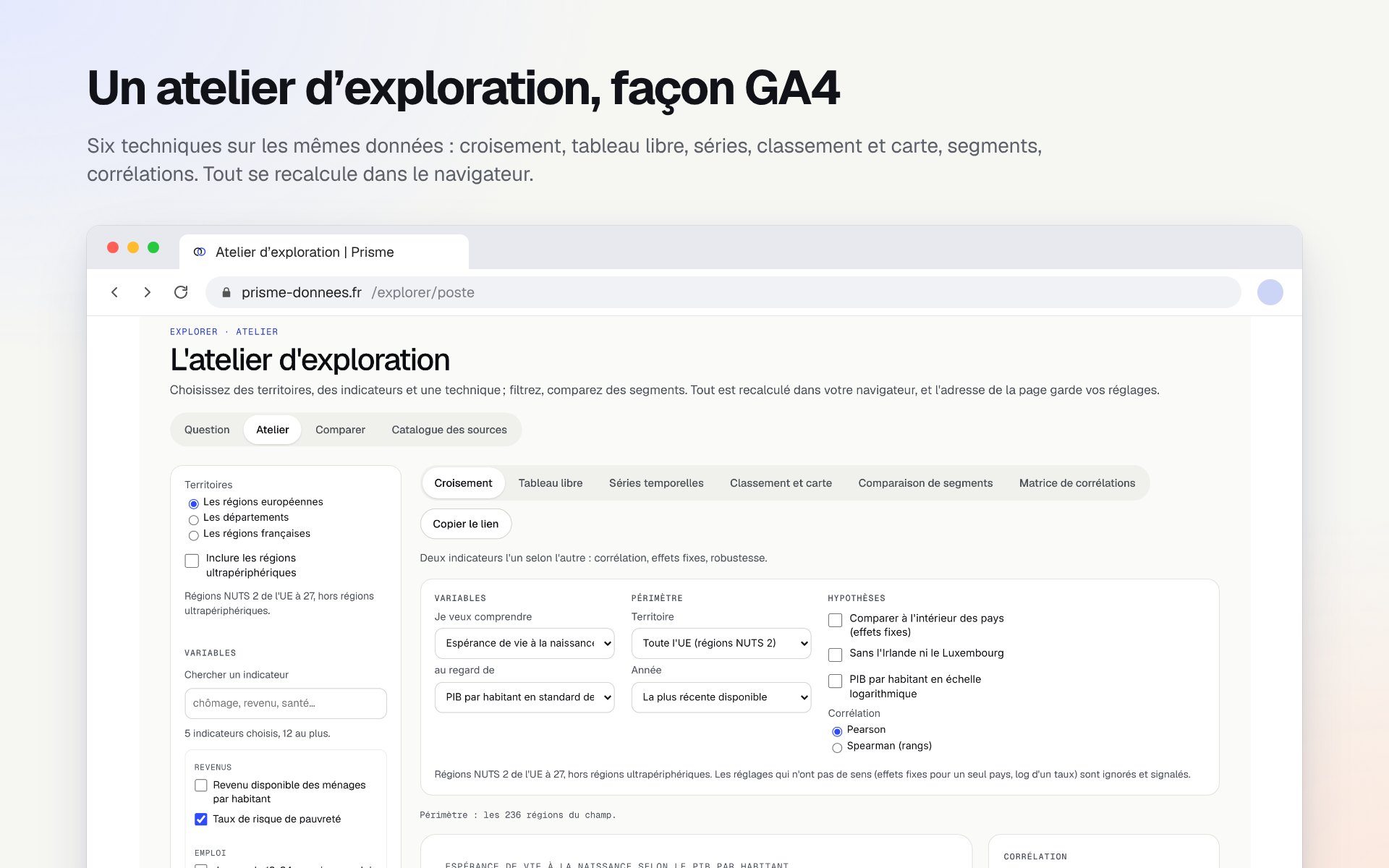 L’atelier d’exploration : choix des territoires et des indicateurs à gauche, six onglets de techniques, variables et hypothèses
