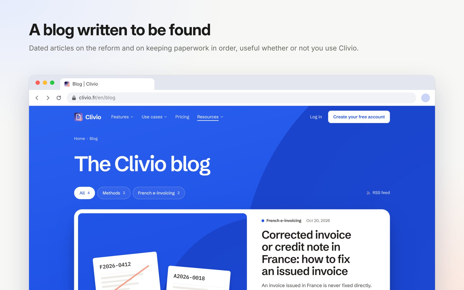 The blog of clivio.fr in a browser window, headed “A blog written to be found”, open on an article about credit notes
