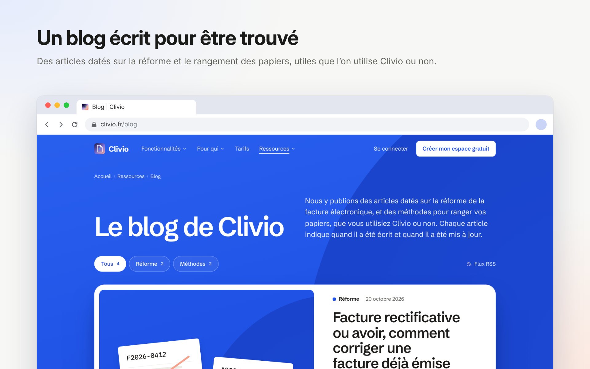 Le blog de clivio.fr dans une fenêtre de navigateur, sous le titre « Un blog écrit pour être trouvé », ouvert sur un article sur les avoirs