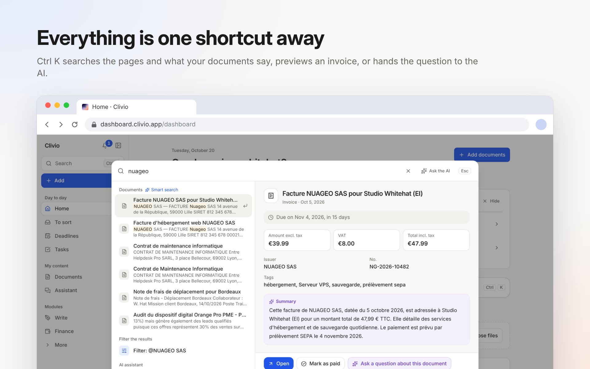 Clivio’s command bar searching for an invoice, with its amounts, due date and summary previewed