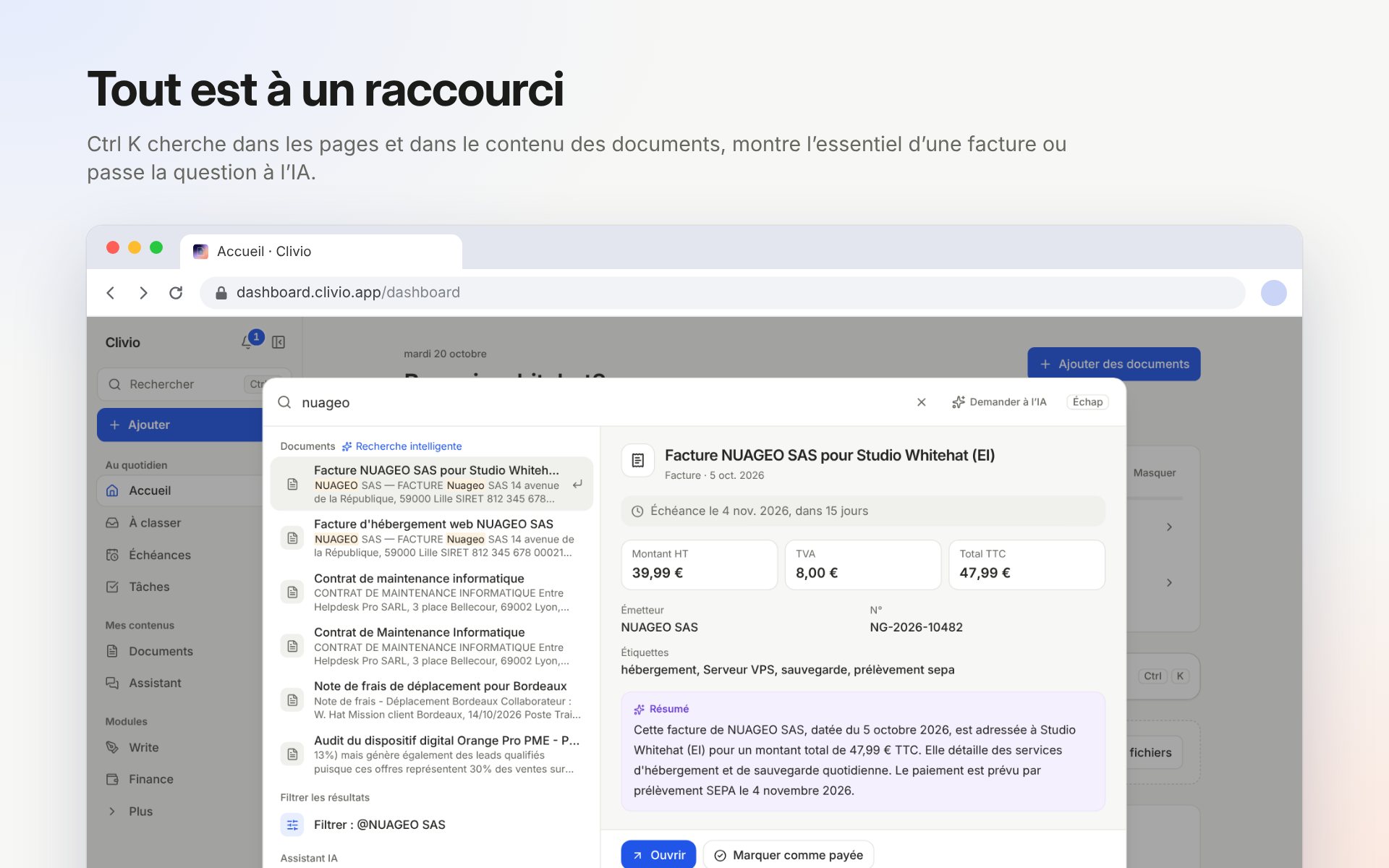 La barre de commande de Clivio qui cherche une facture, avec ses montants, son échéance et son résumé en aperçu