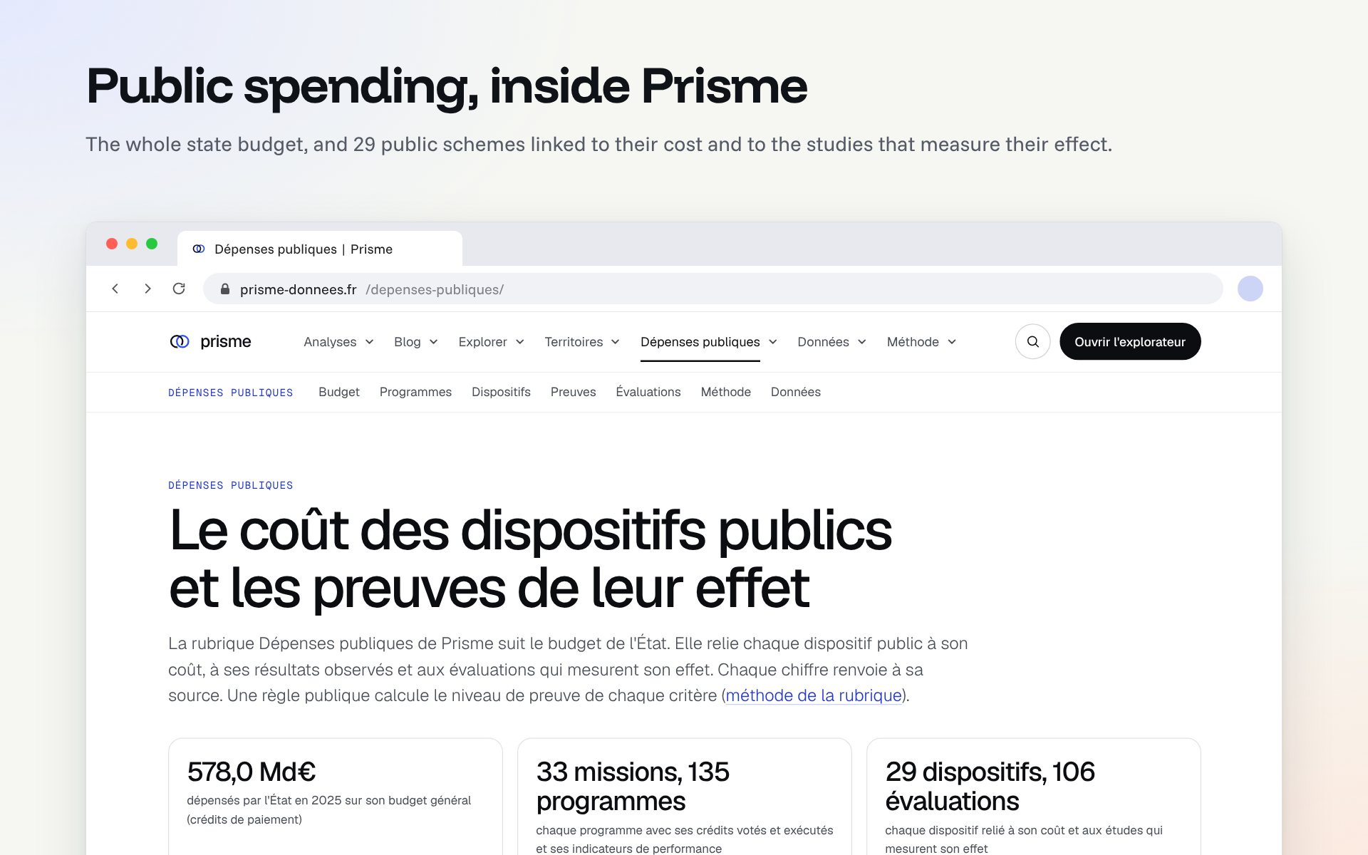 The home of the public spending section: the headline “Le coût des dispositifs publics et les preuves de leur effet” and three tiles for the budget, the programmes and the schemes