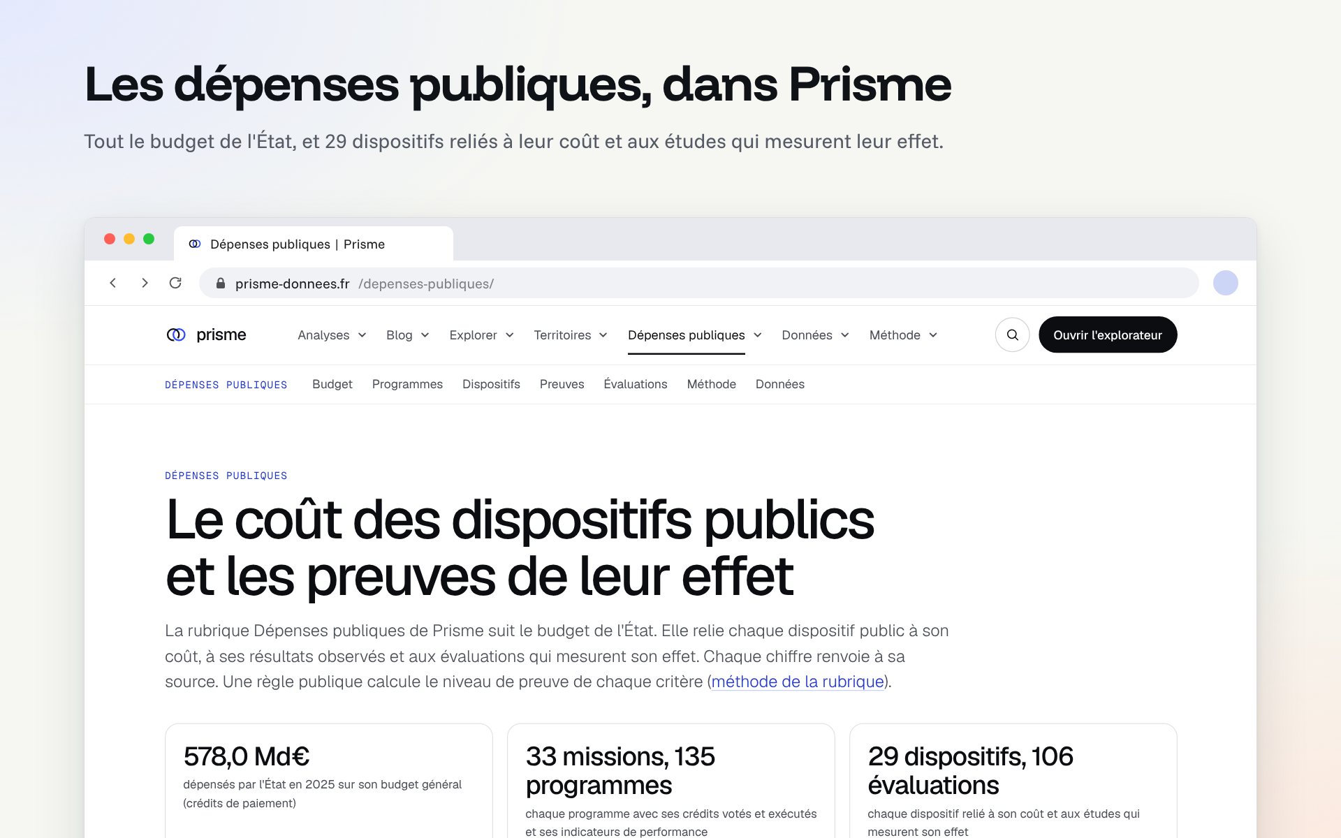 L’accueil de la rubrique Dépenses publiques : le titre « Le coût des dispositifs publics et les preuves de leur effet » et trois tuiles pour le budget, les programmes et les dispositifs