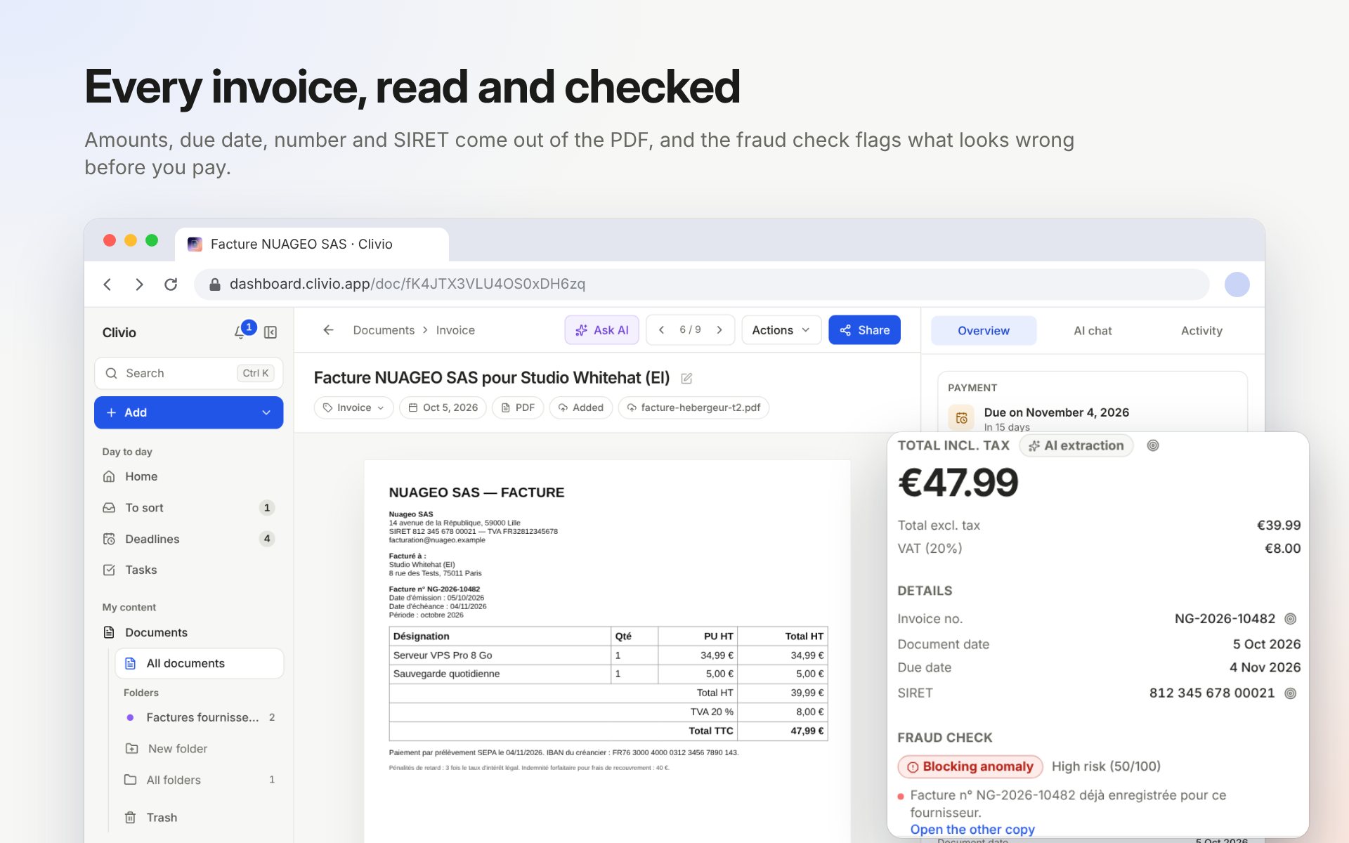 An invoice open in Clivio: the PDF on the left, and on the right its total, due date, number, SIRET and a fraud check that flags the number as already recorded