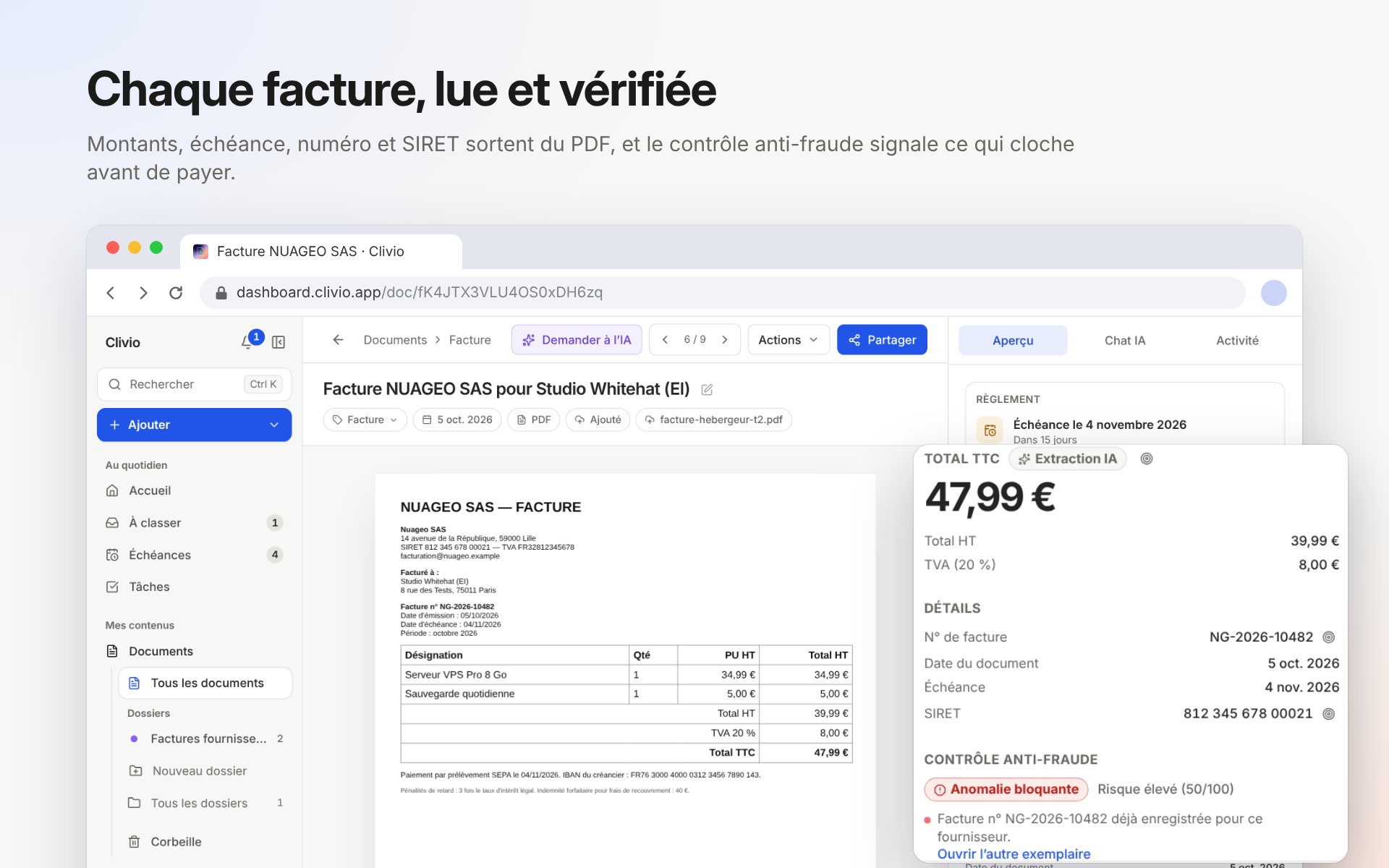 Une facture ouverte dans Clivio : le PDF à gauche, et à droite son total, son échéance, son numéro, son SIRET et un contrôle anti-fraude qui signale le numéro comme déjà enregistré