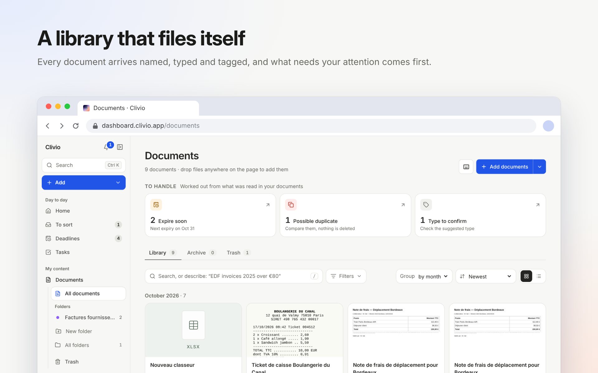 Clivio’s document library: what to handle first, then the documents of October 2026 as cards with their type, date and amount
