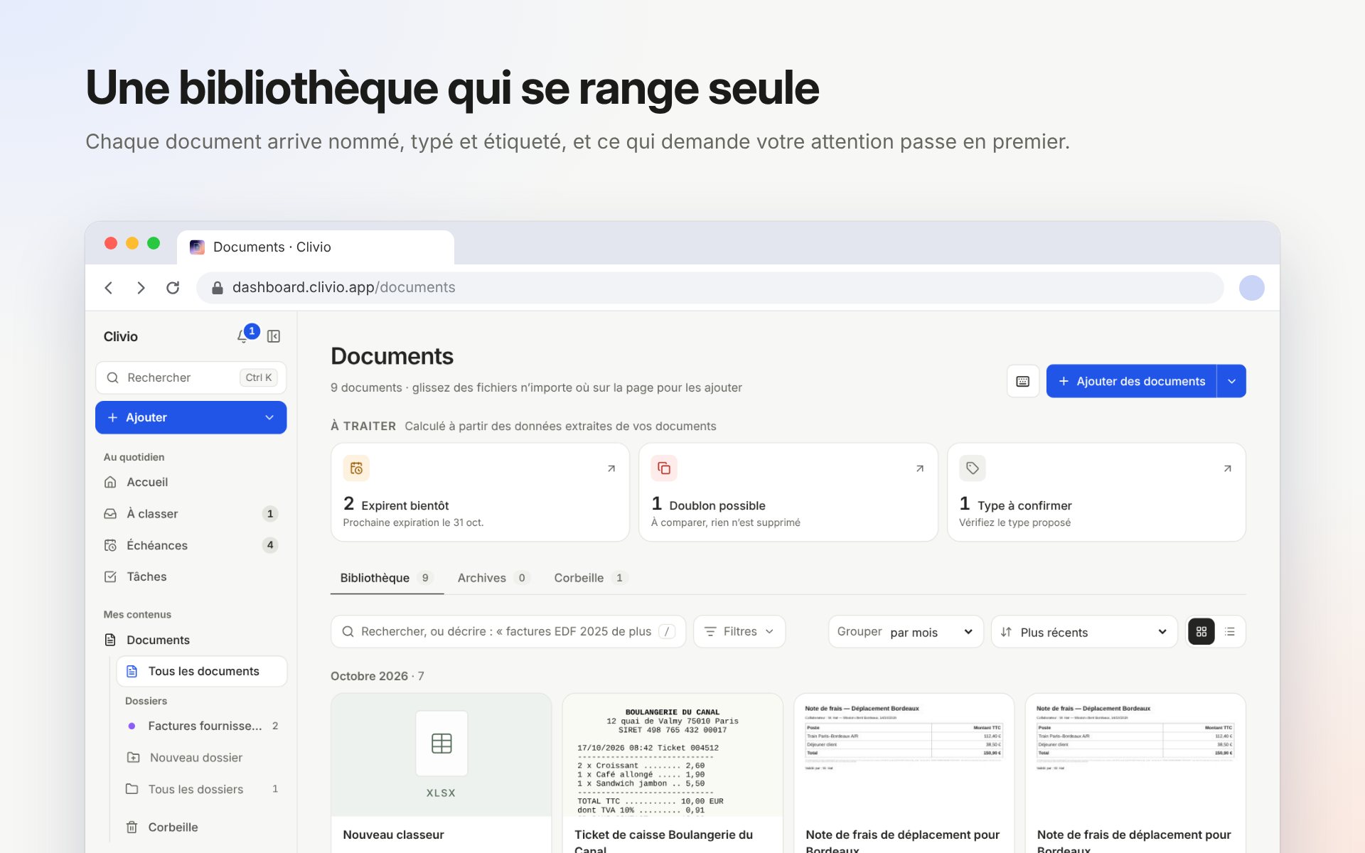 La bibliothèque de documents de Clivio : ce qu’il faut traiter d’abord, puis les documents d’octobre 2026 en cartes, avec leur type, leur date et leur montant