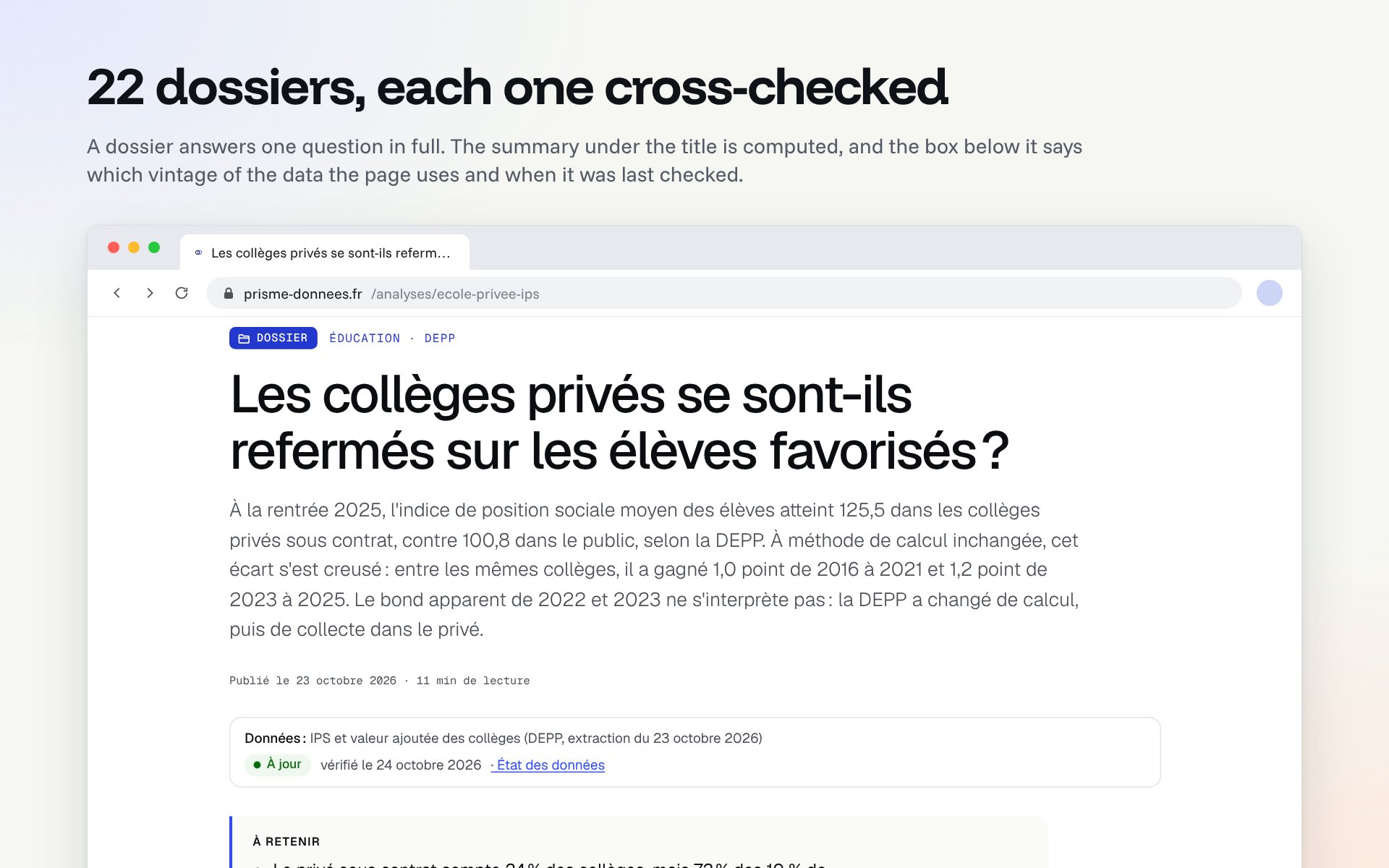 A Prisme dossier on private and public schools, with its title, its computed summary and the date its data were last checked