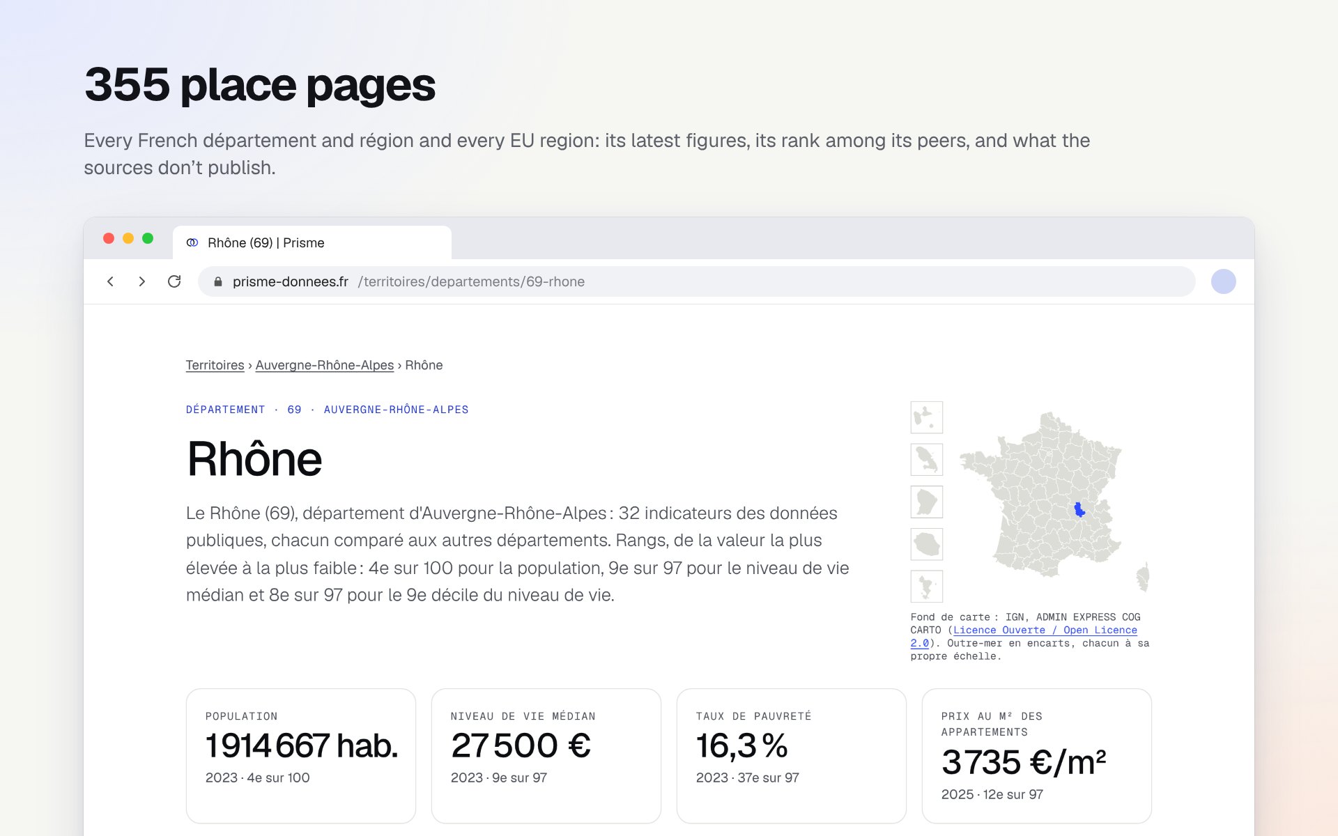 The Rhône page: a locator map of France, the département’s description and four key figures