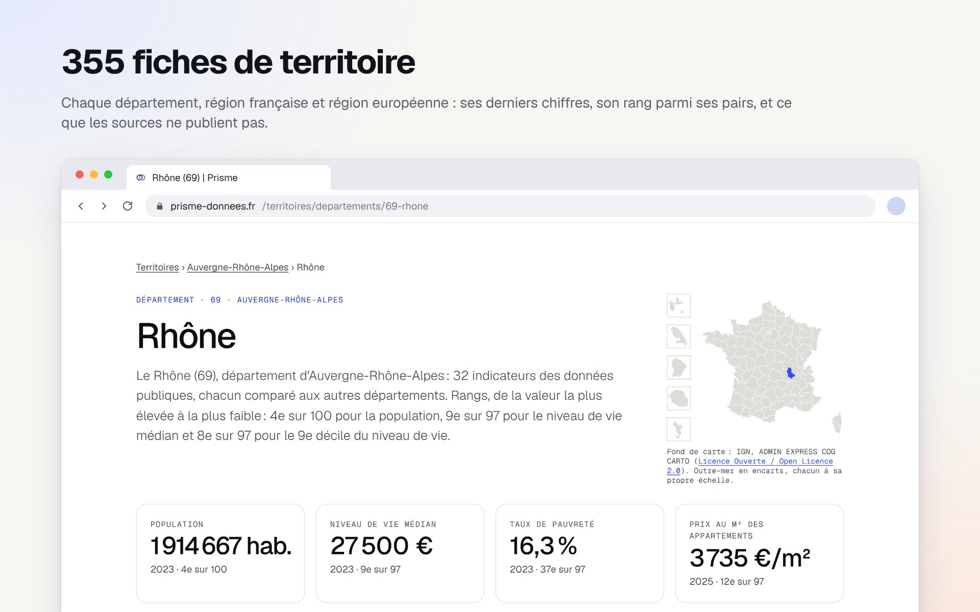 La fiche du Rhône : une carte de situation, la présentation du département et quatre chiffres clés