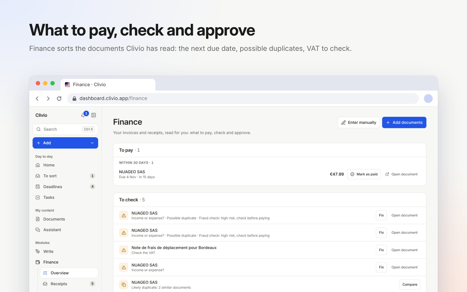Clivio’s Finance overview: one invoice to pay within 30 days, five documents to check, five to approve