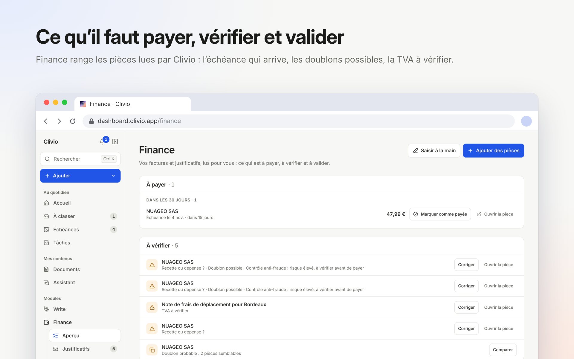 L’aperçu de Finance dans Clivio : une facture à payer sous 30 jours, cinq pièces à vérifier, cinq à valider