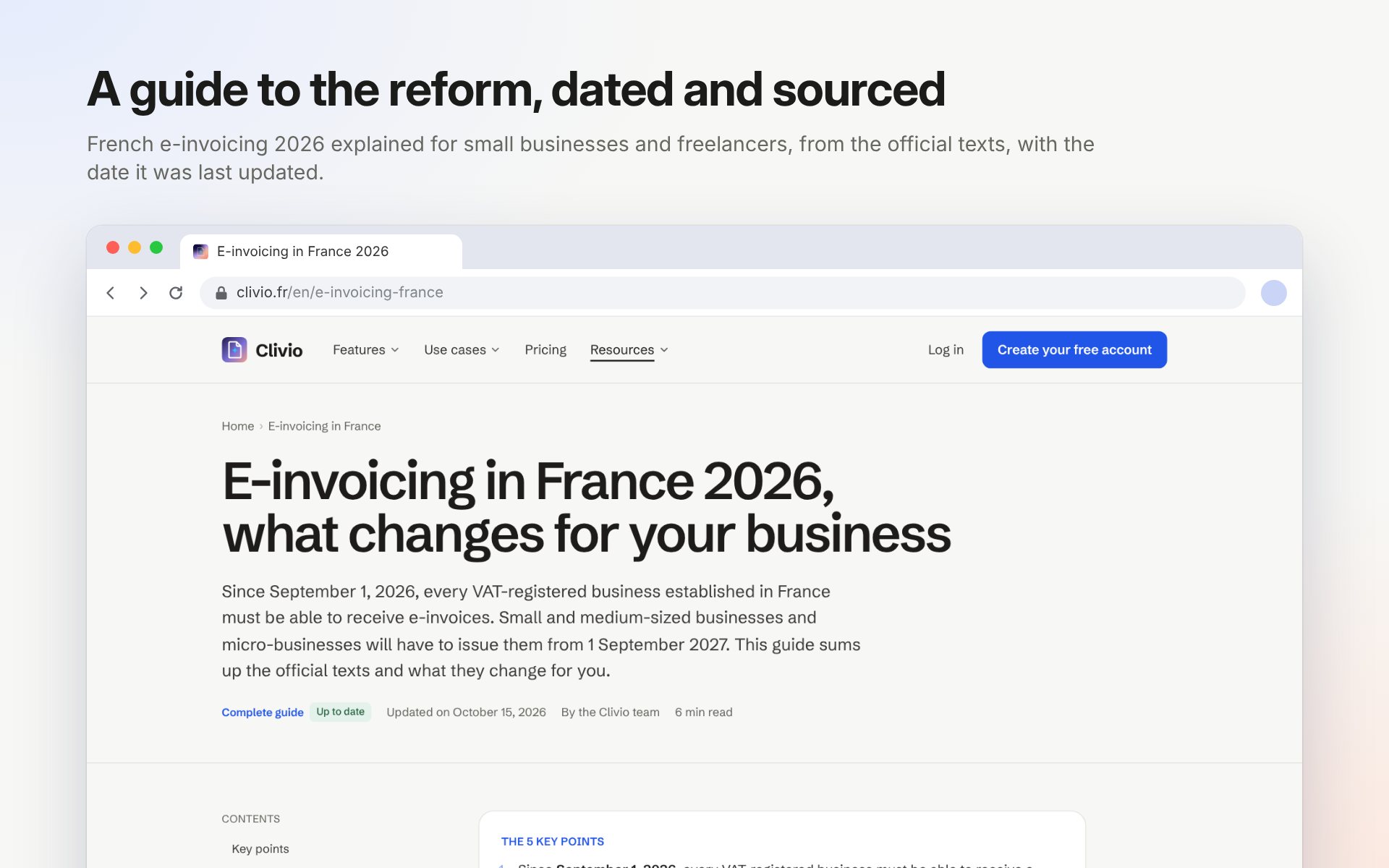 The e-invoicing guide of clivio.fr in a browser window, headed “A guide to the reform, dated and sourced”, with its update date