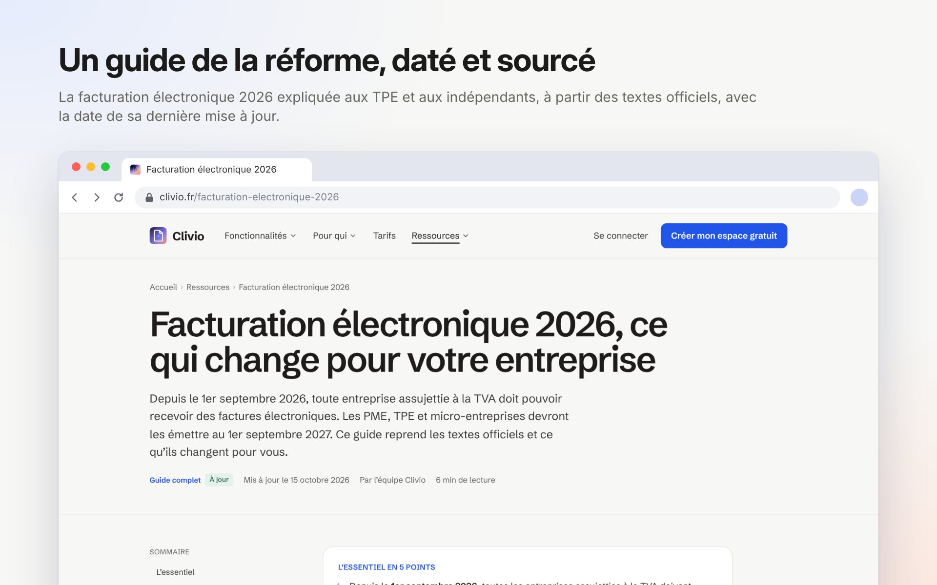 Le guide de la facturation électronique de clivio.fr dans une fenêtre de navigateur, sous le titre « Un guide de la réforme, daté et sourcé », avec sa date de mise à jour
