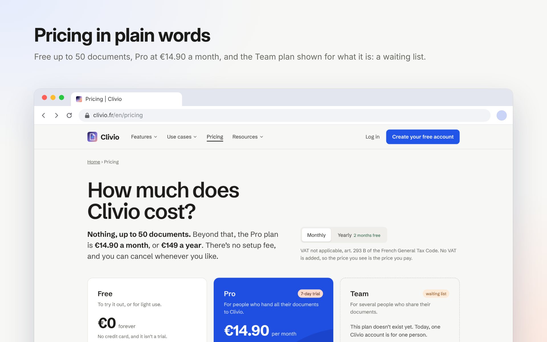 The pricing page of clivio.fr in a browser window, headed “Pricing in plain words”: Free, Pro at €14.90 a month, and Team on a waiting list