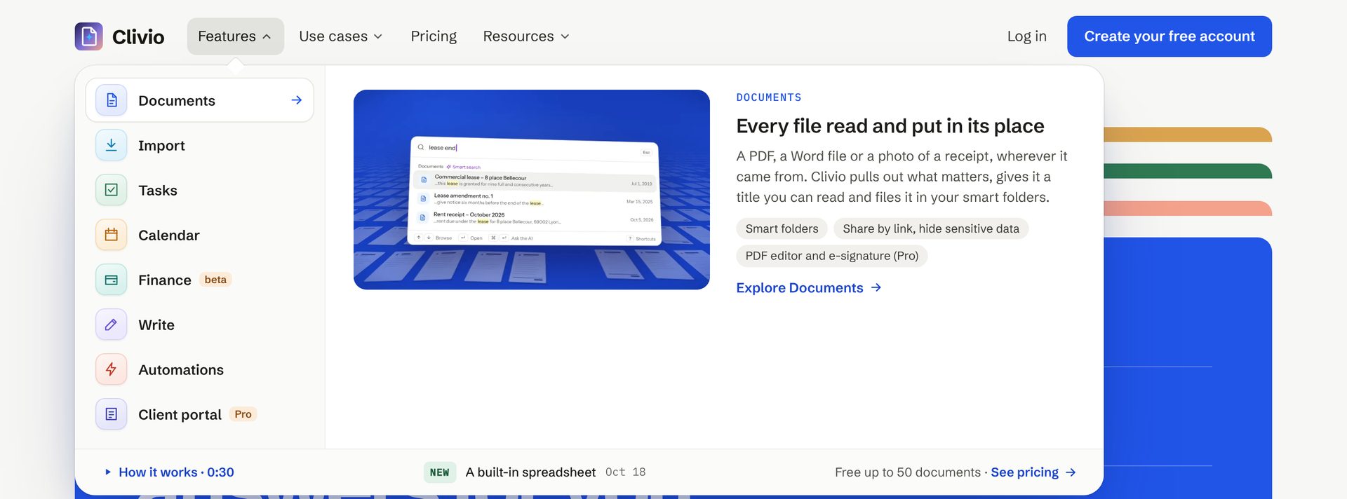 The Features menu of clivio.fr, open on Documents, with a film extract and the latest changelog entry