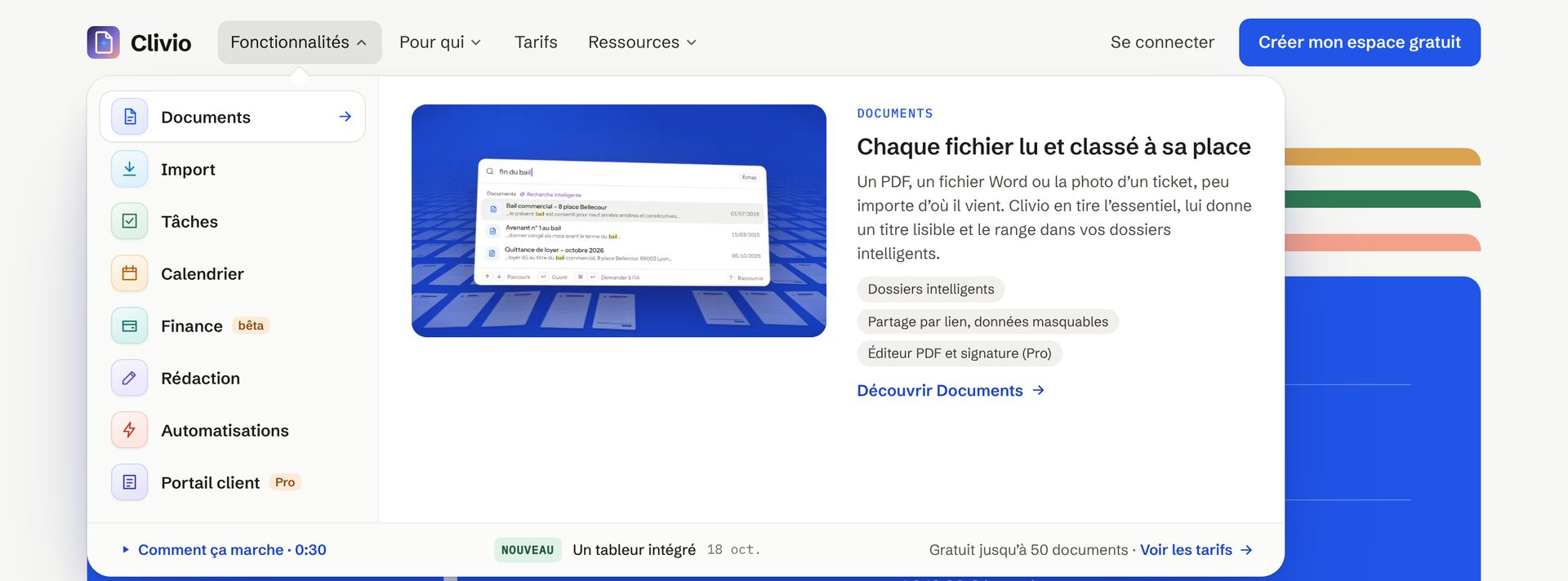 Le menu Fonctionnalités de clivio.fr, ouvert sur Documents, avec un extrait de film et la dernière nouveauté