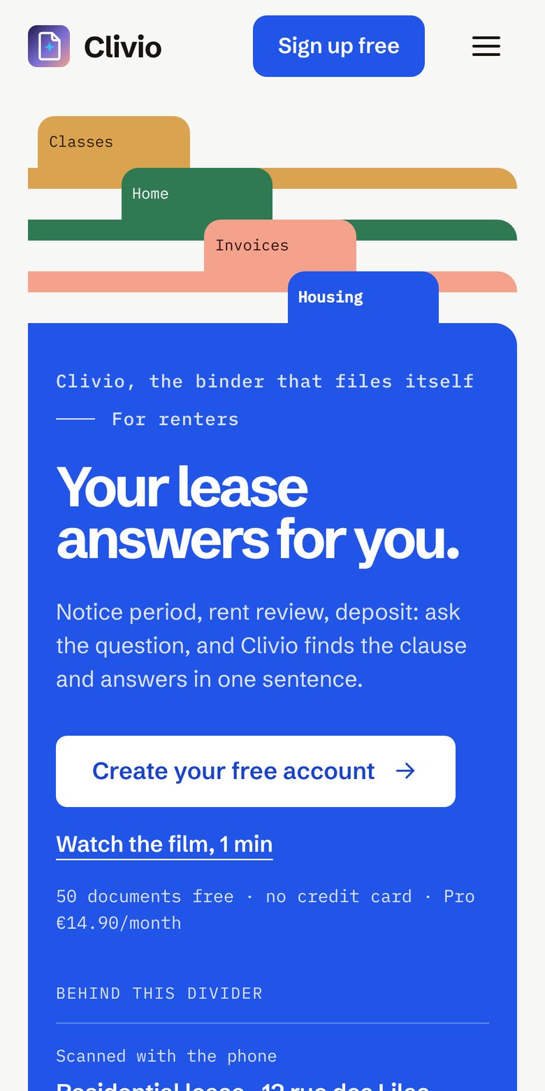 The home page of clivio.fr on a phone, open on the Housing divider