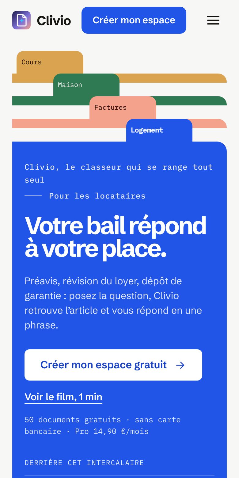 L’accueil de clivio.fr sur un téléphone, ouvert sur l’intercalaire Logement