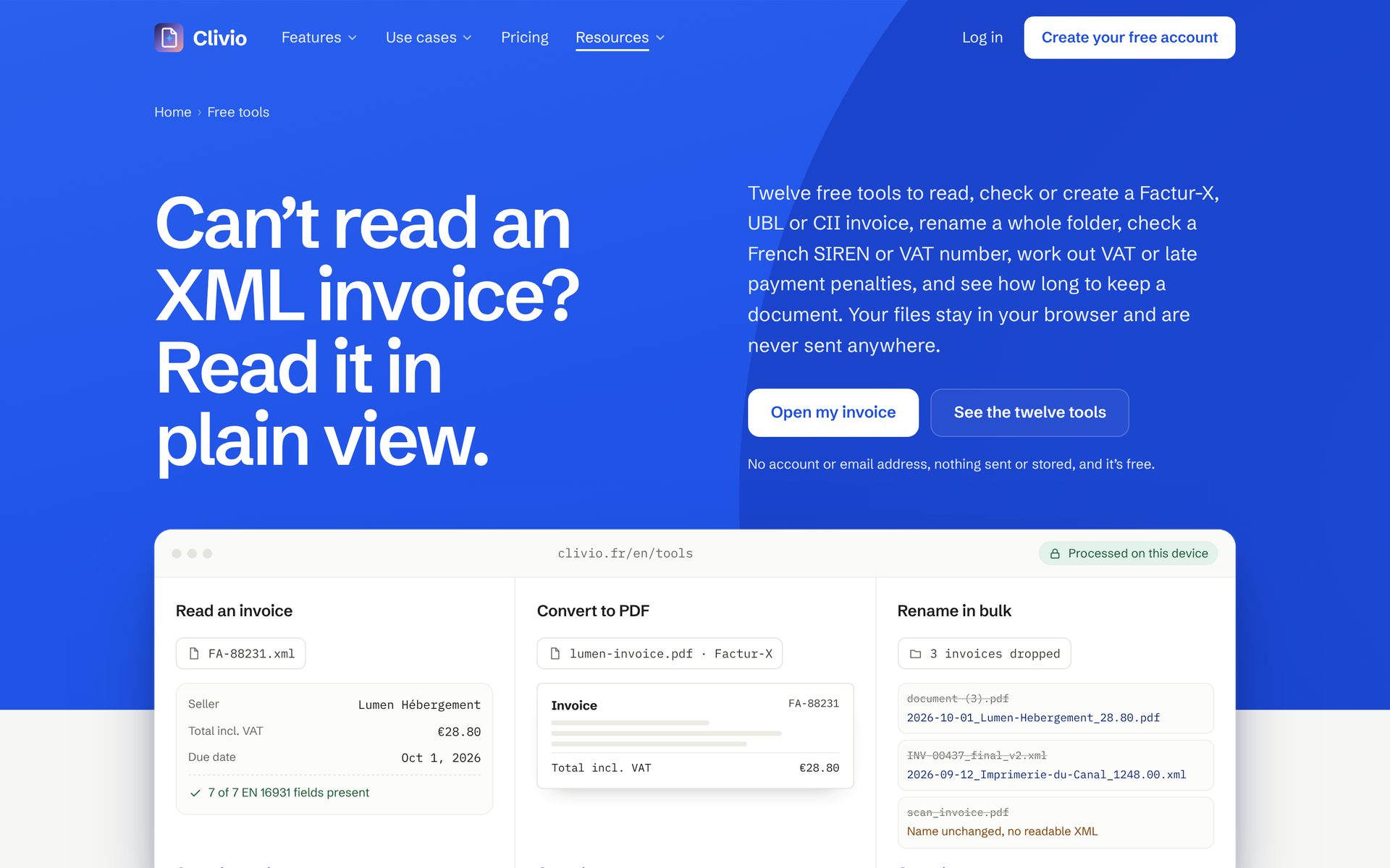 The free tools page of clivio.fr: read an invoice, convert it to PDF, rename in bulk, processed on this device