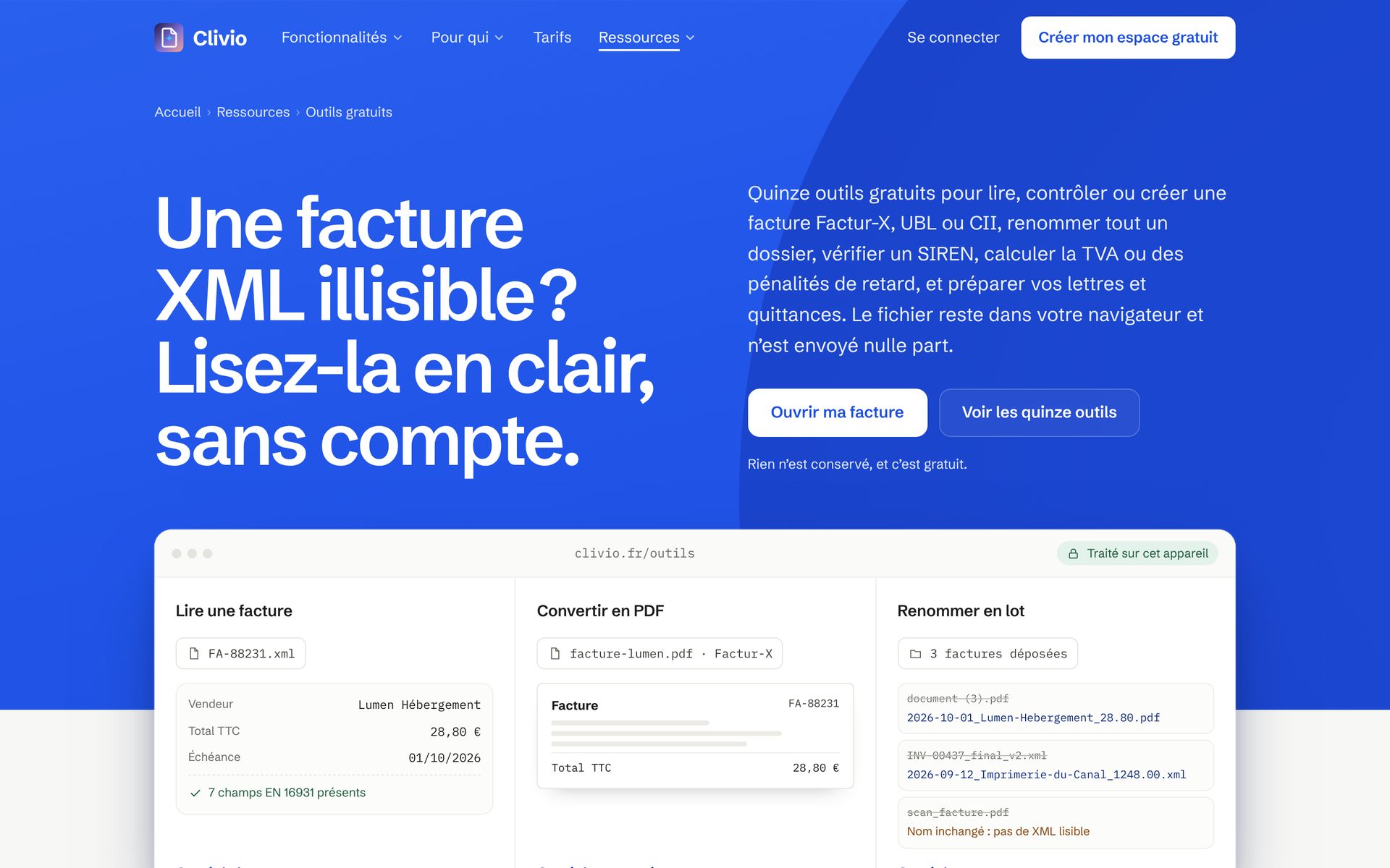 La page des outils gratuits de clivio.fr : lire une facture, la convertir en PDF, renommer en lot, traité sur cet appareil